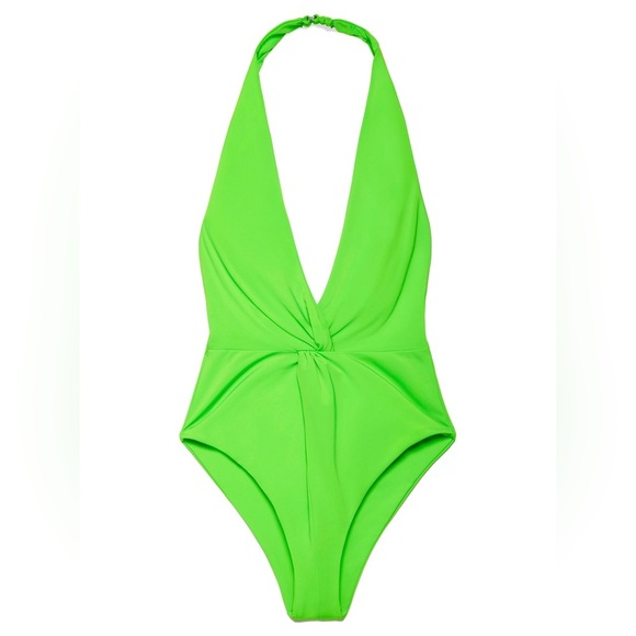 MARA HOFFMAN SOLID GABRIELA HALTER SWIMSUIT INTENSITY GREEN Plunging V-Neckline - Picture 2 of 11